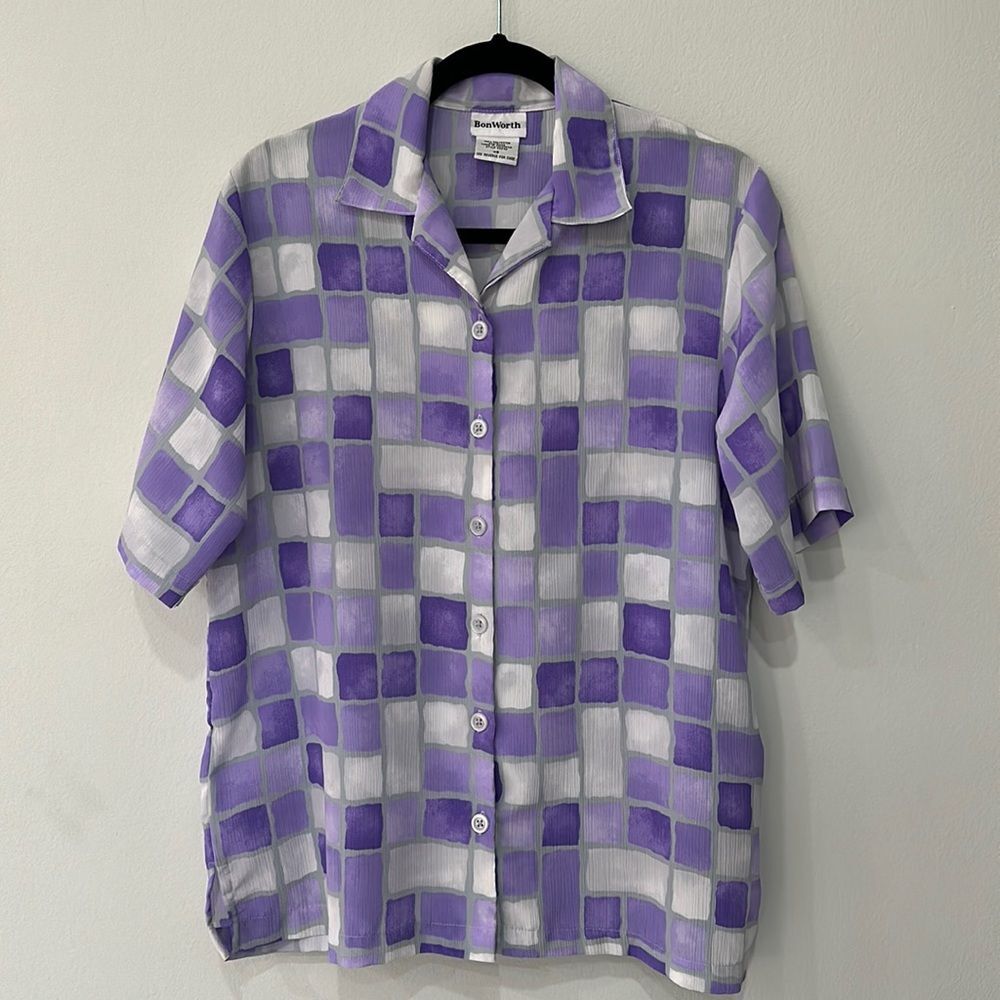 Bon Worth Retro 90s LAVENDER/LILAC Checks Short Sleeved Blouse Sz XS